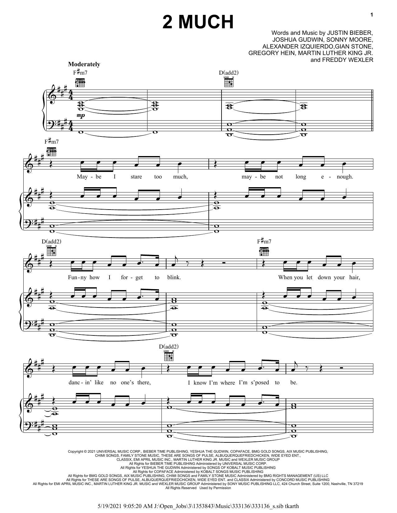 Justin Bieber 2 Much Sheet Music Notes & Chords for Piano, Vocal & Guitar (Right-Hand Melody) - Download or Print PDF