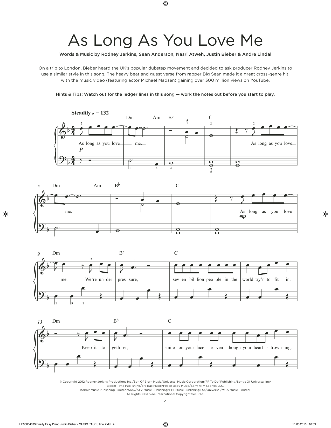 Justin Bieber & Big Sean As Long As You Love Me Sheet Music Notes & Chords for Really Easy Piano - Download or Print PDF