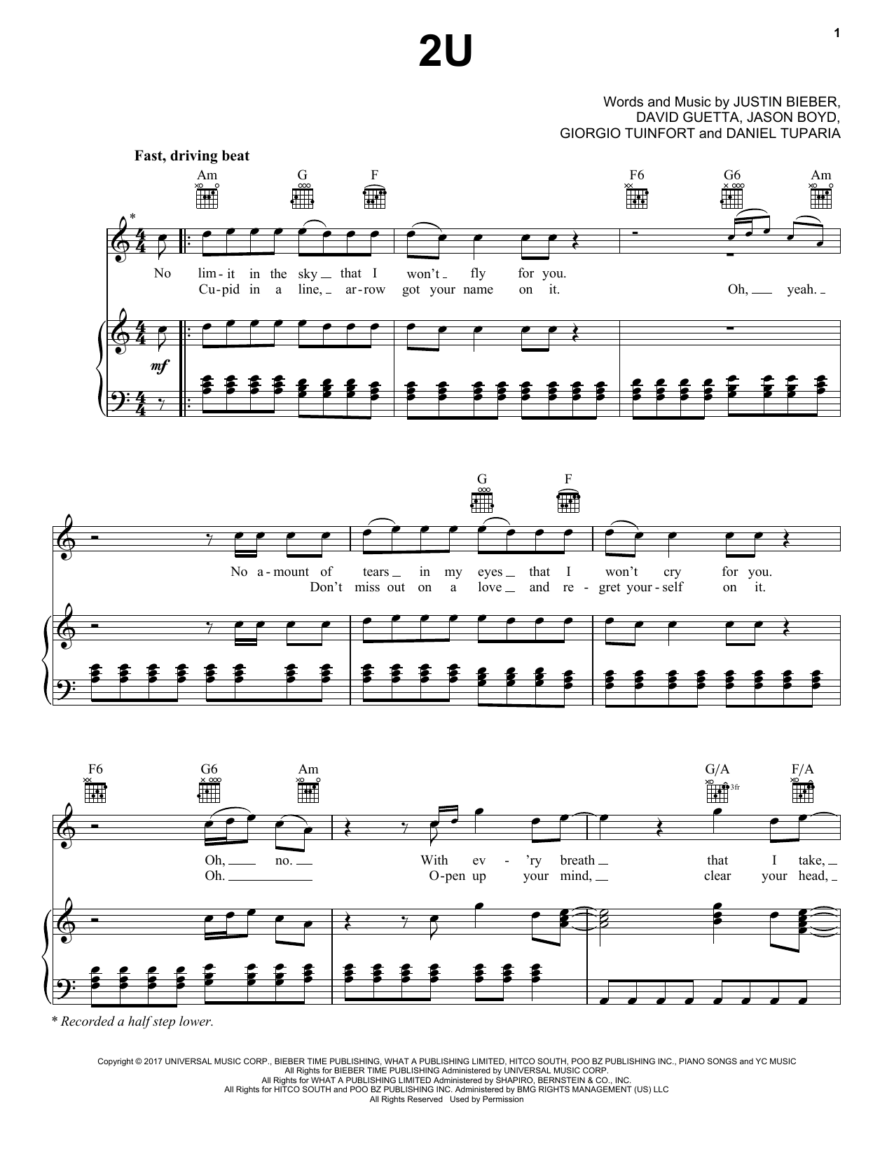 Justin Bieber & David Guetta 2U Sheet Music Notes & Chords for Piano, Vocal & Guitar (Right-Hand Melody) - Download or Print PDF