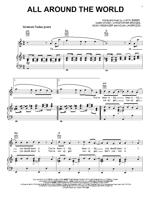 Justin Bieber All Around The World Sheet Music Notes & Chords for Easy Piano - Download or Print PDF