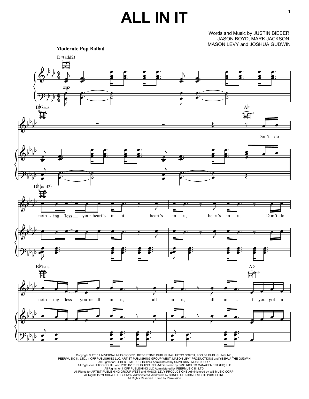 Justin Bieber All In It Sheet Music Notes & Chords for Piano, Vocal & Guitar (Right-Hand Melody) - Download or Print PDF