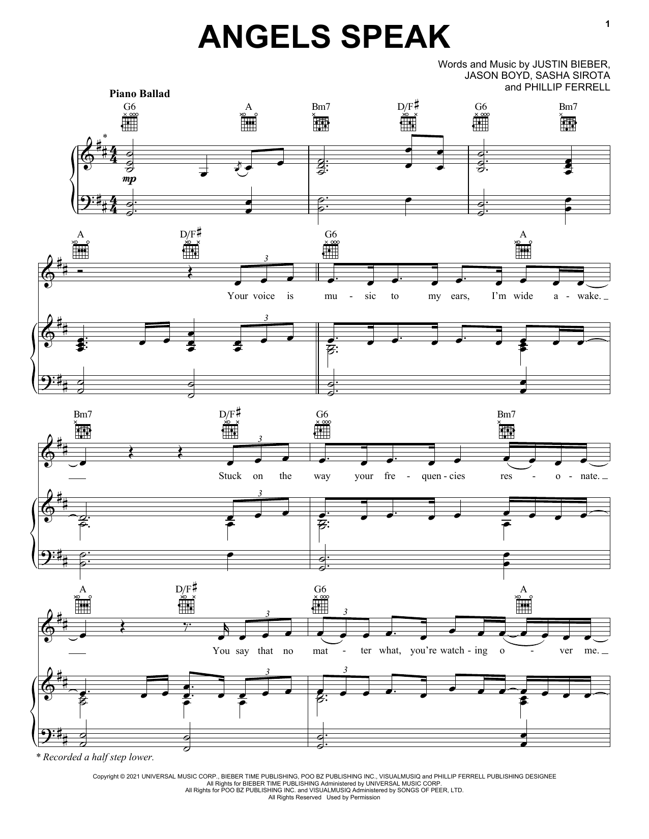 Justin Bieber Angels Speak Sheet Music Notes & Chords for Piano, Vocal & Guitar (Right-Hand Melody) - Download or Print PDF