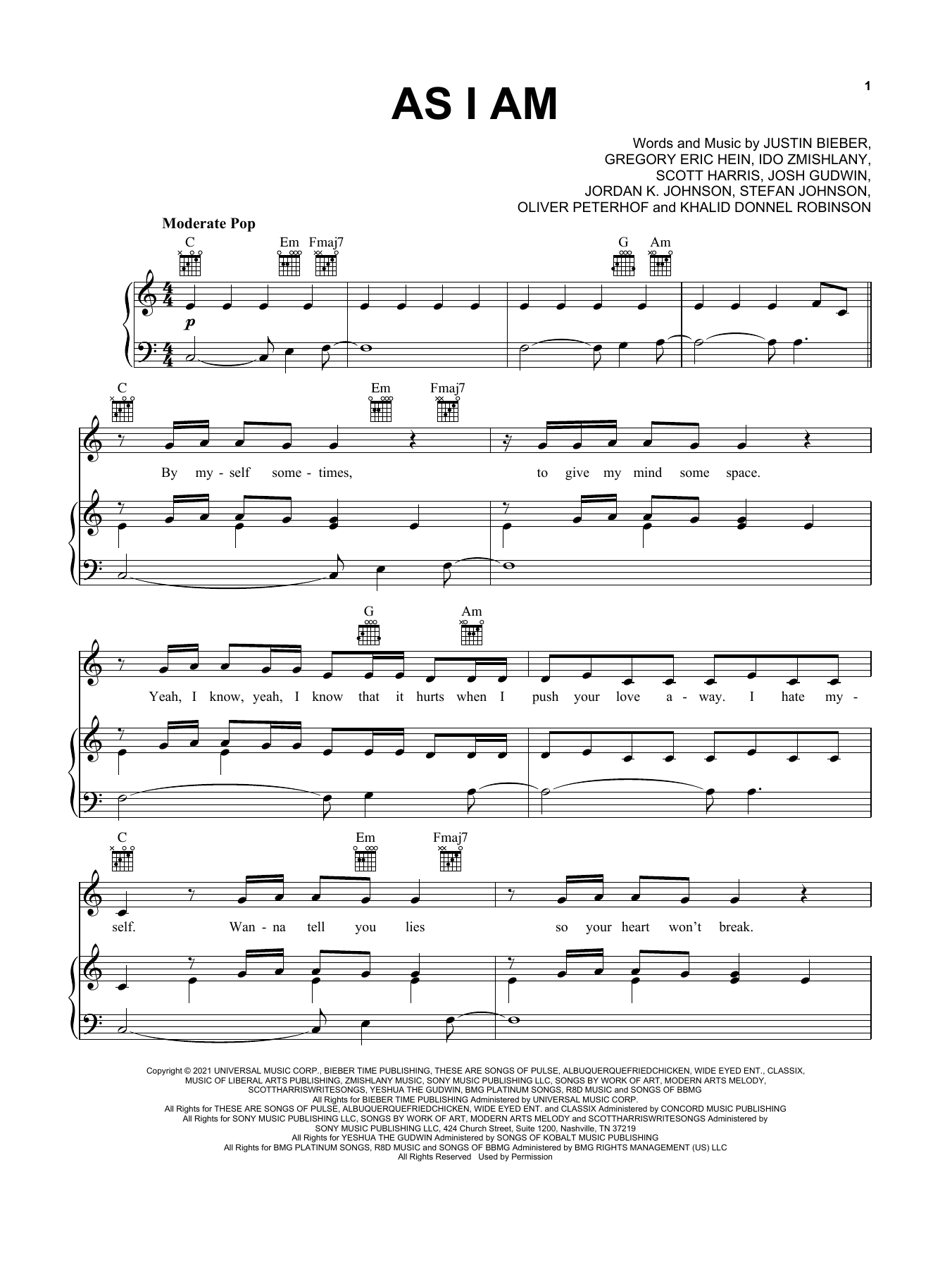 Justin Bieber As I Am (feat. Khalid) Sheet Music Notes & Chords for Piano, Vocal & Guitar (Right-Hand Melody) - Download or Print PDF