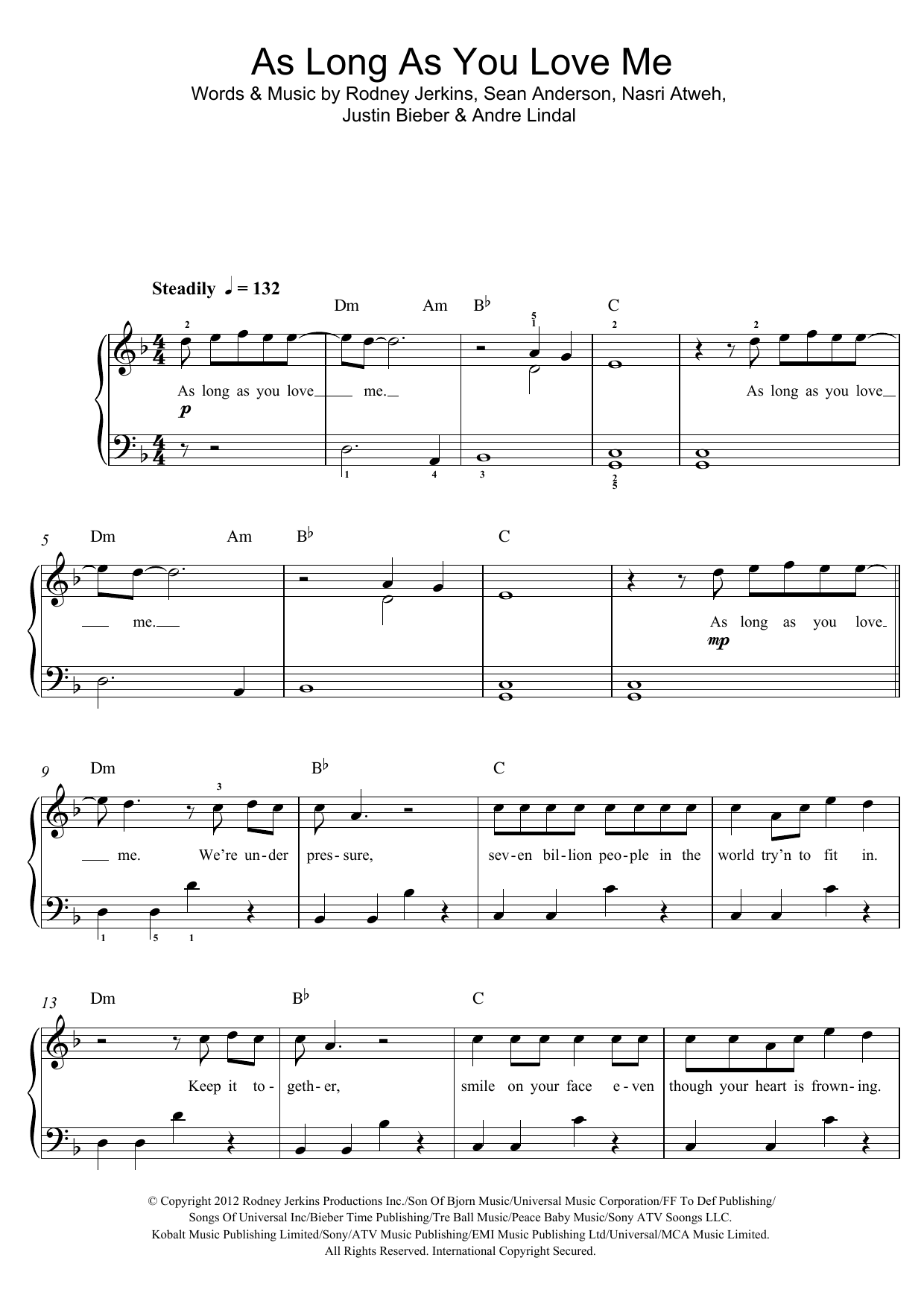 Justin Bieber As Long As You Love Me (featuring Big Sean) Sheet Music Notes & Chords for Beginner Piano - Download or Print PDF