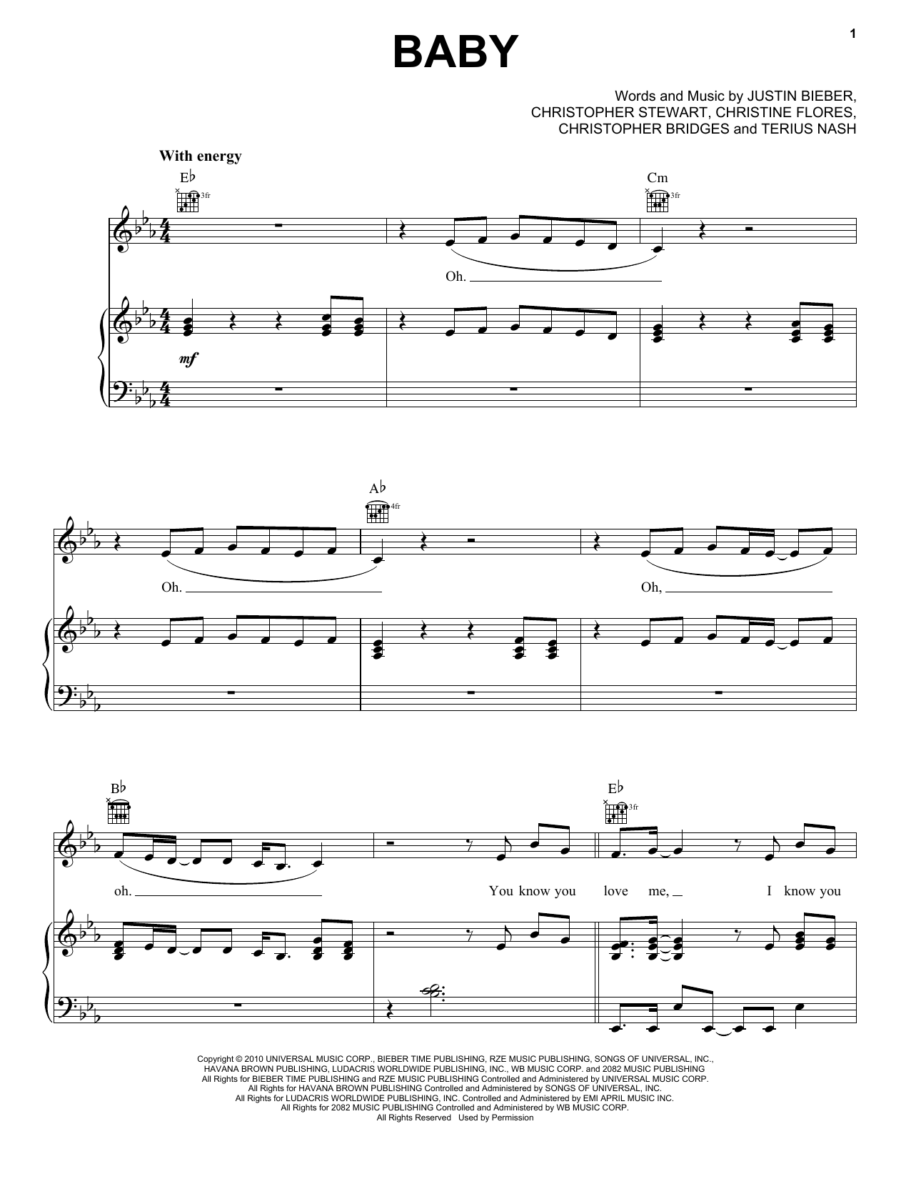 Justin Bieber featuring Ludacris Baby (feat. Ludacris) Sheet Music Notes & Chords for Piano, Vocal & Guitar (Right-Hand Melody) - Download or Print PDF