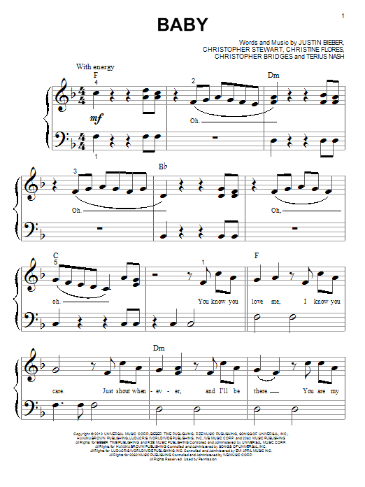 Justin Bieber Baby Sheet Music Notes & Chords for Piano (Big Notes) - Download or Print PDF