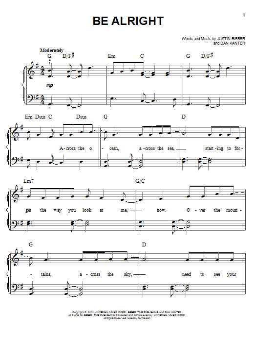 Justin Bieber Be Alright Sheet Music Notes & Chords for Piano, Vocal & Guitar (Right-Hand Melody) - Download or Print PDF