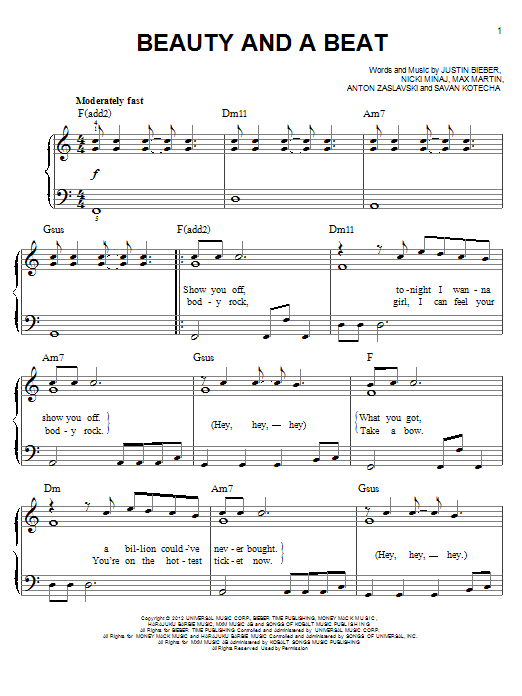 Justin Bieber Beauty And A Beat Sheet Music Notes & Chords for Piano, Vocal & Guitar (Right-Hand Melody) - Download or Print PDF