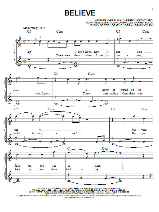 Justin Bieber Believe Sheet Music Notes & Chords for Piano, Vocal & Guitar (Right-Hand Melody) - Download or Print PDF