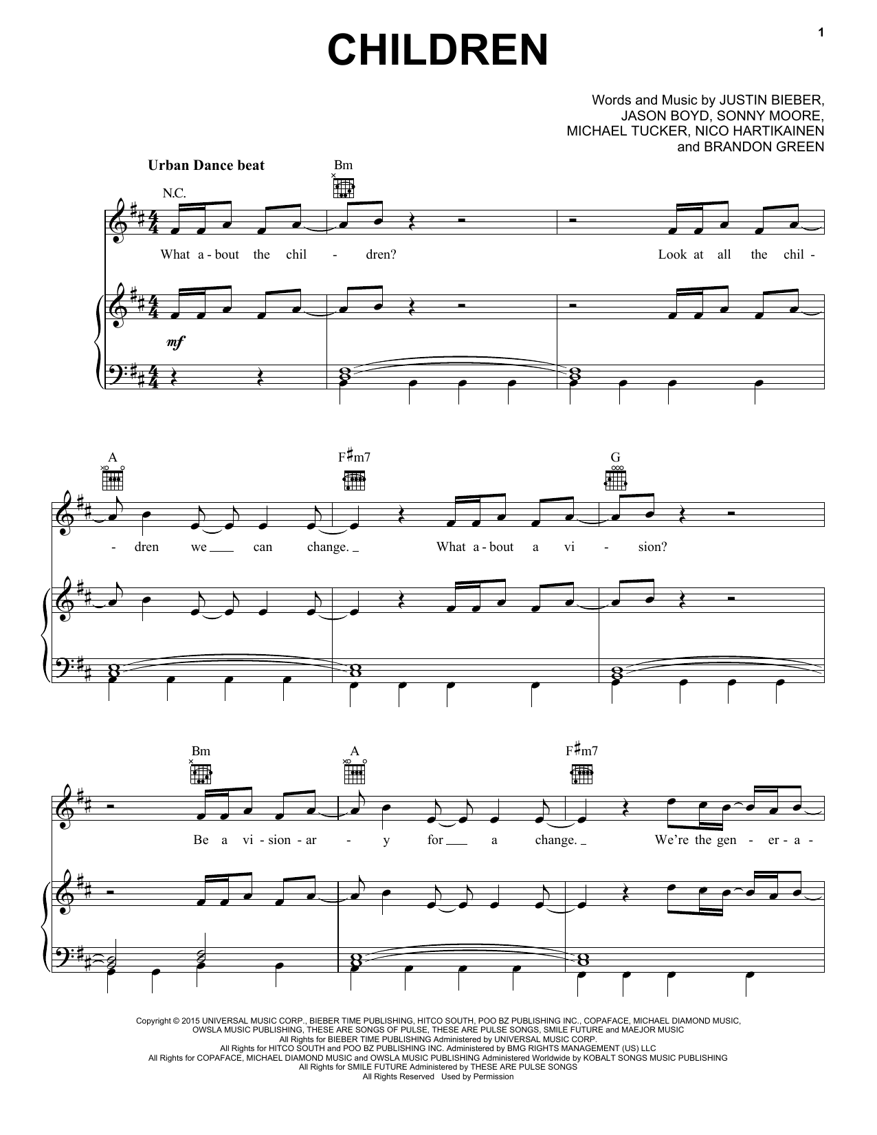 Justin Bieber Children Sheet Music Notes & Chords for Piano, Vocal & Guitar (Right-Hand Melody) - Download or Print PDF
