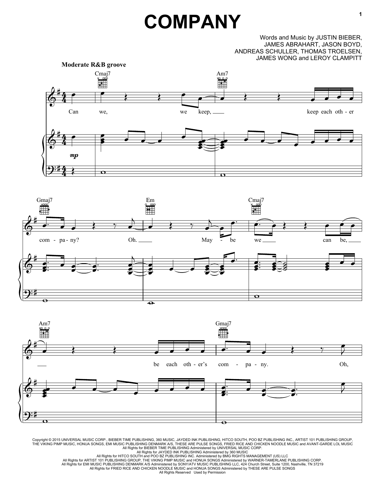 Justin Bieber Company Sheet Music Notes & Chords for Piano, Vocal & Guitar (Right-Hand Melody) - Download or Print PDF