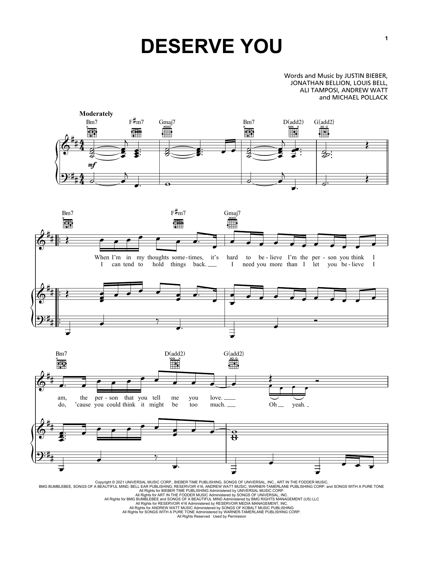 Justin Bieber Deserve You Sheet Music Notes & Chords for Piano, Vocal & Guitar (Right-Hand Melody) - Download or Print PDF