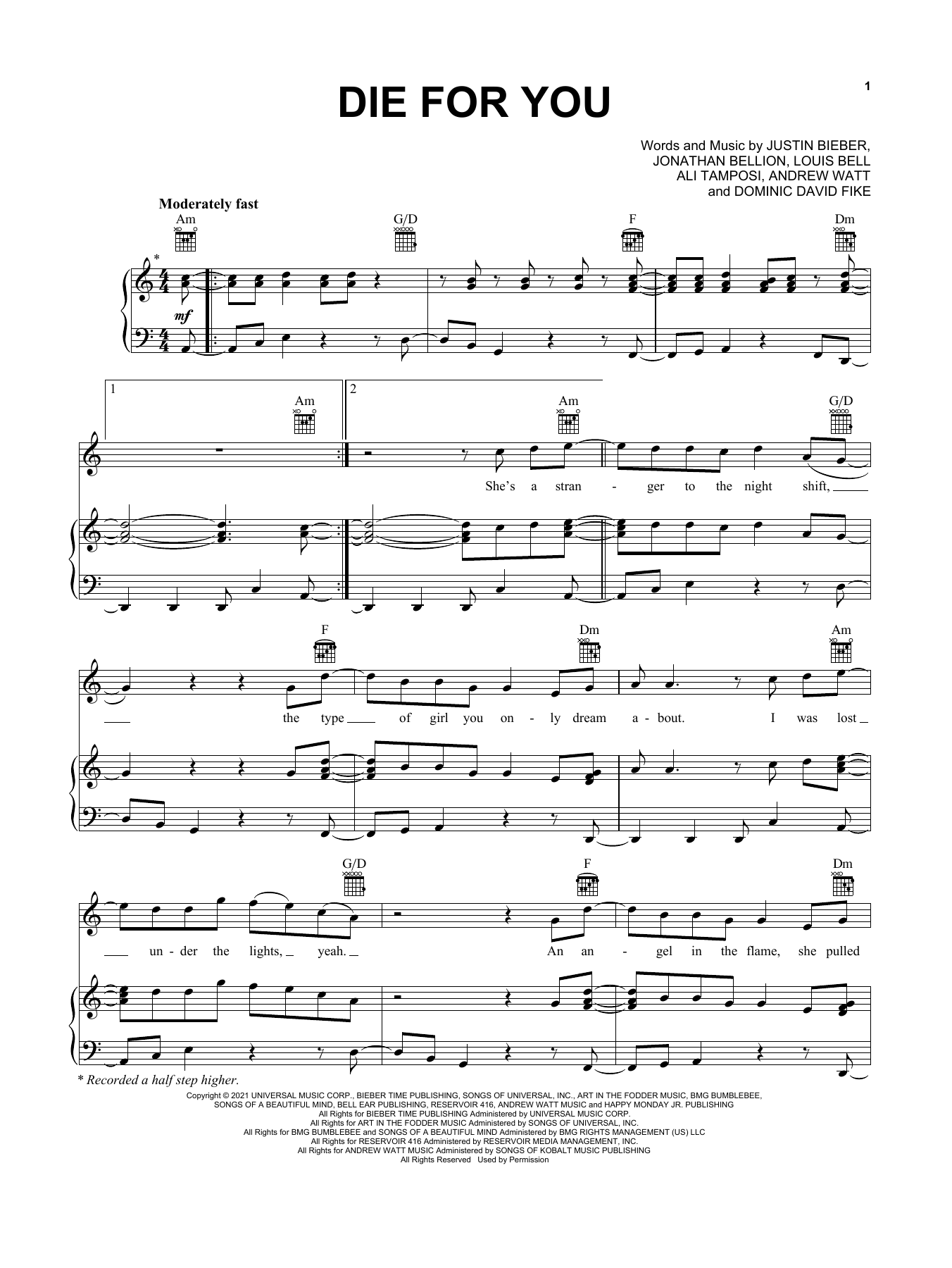 Justin Bieber Die For You (feat. Dominic Fike) Sheet Music Notes & Chords for Piano, Vocal & Guitar (Right-Hand Melody) - Download or Print PDF