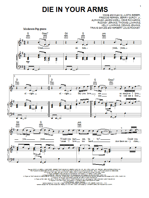 Justin Bieber Die In Your Arms Sheet Music Notes & Chords for Easy Piano - Download or Print PDF