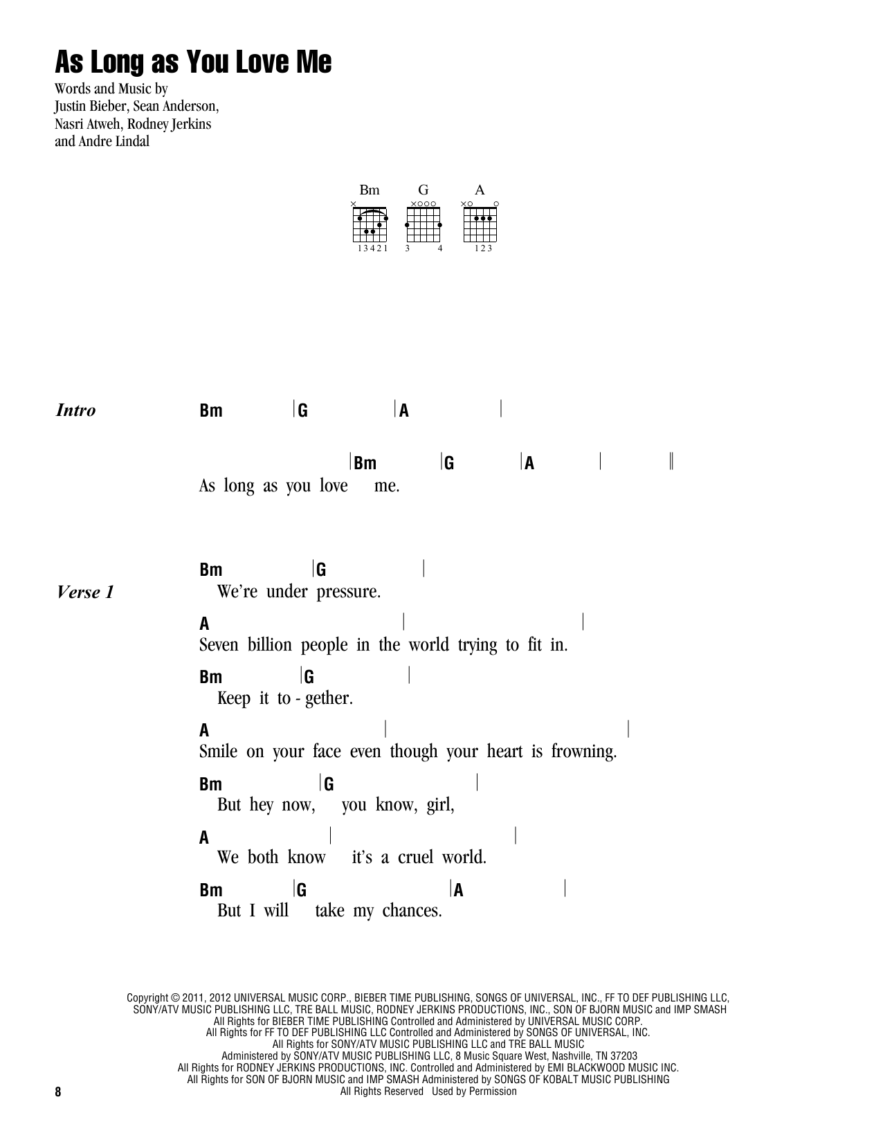 Justin Bieber As Long As You Love Me Sheet Music Notes & Chords for Lyrics & Chords - Download or Print PDF