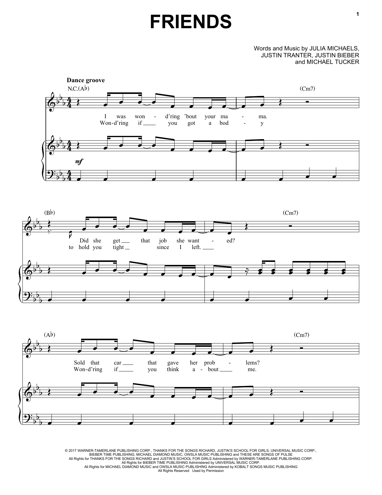 Justin Bieber feat. BloodPop Friends Sheet Music Notes & Chords for Piano, Vocal & Guitar (Right-Hand Melody) - Download or Print PDF