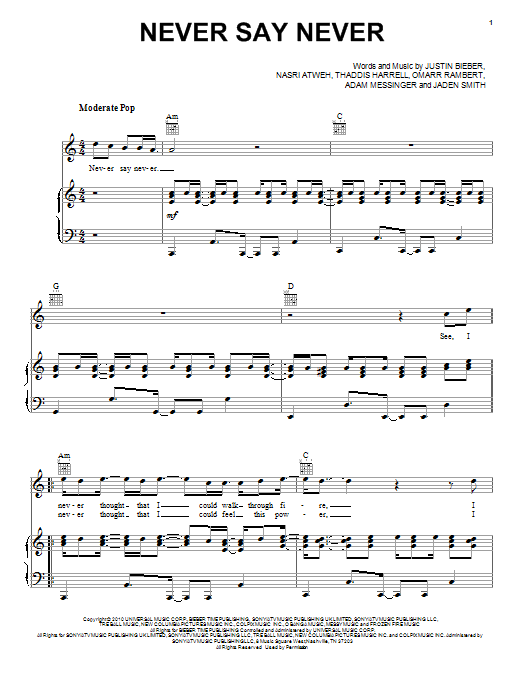 Justin Bieber featuring Jaden Smith Never Say Never Sheet Music Notes & Chords for Piano, Vocal & Guitar (Right-Hand Melody) - Download or Print PDF
