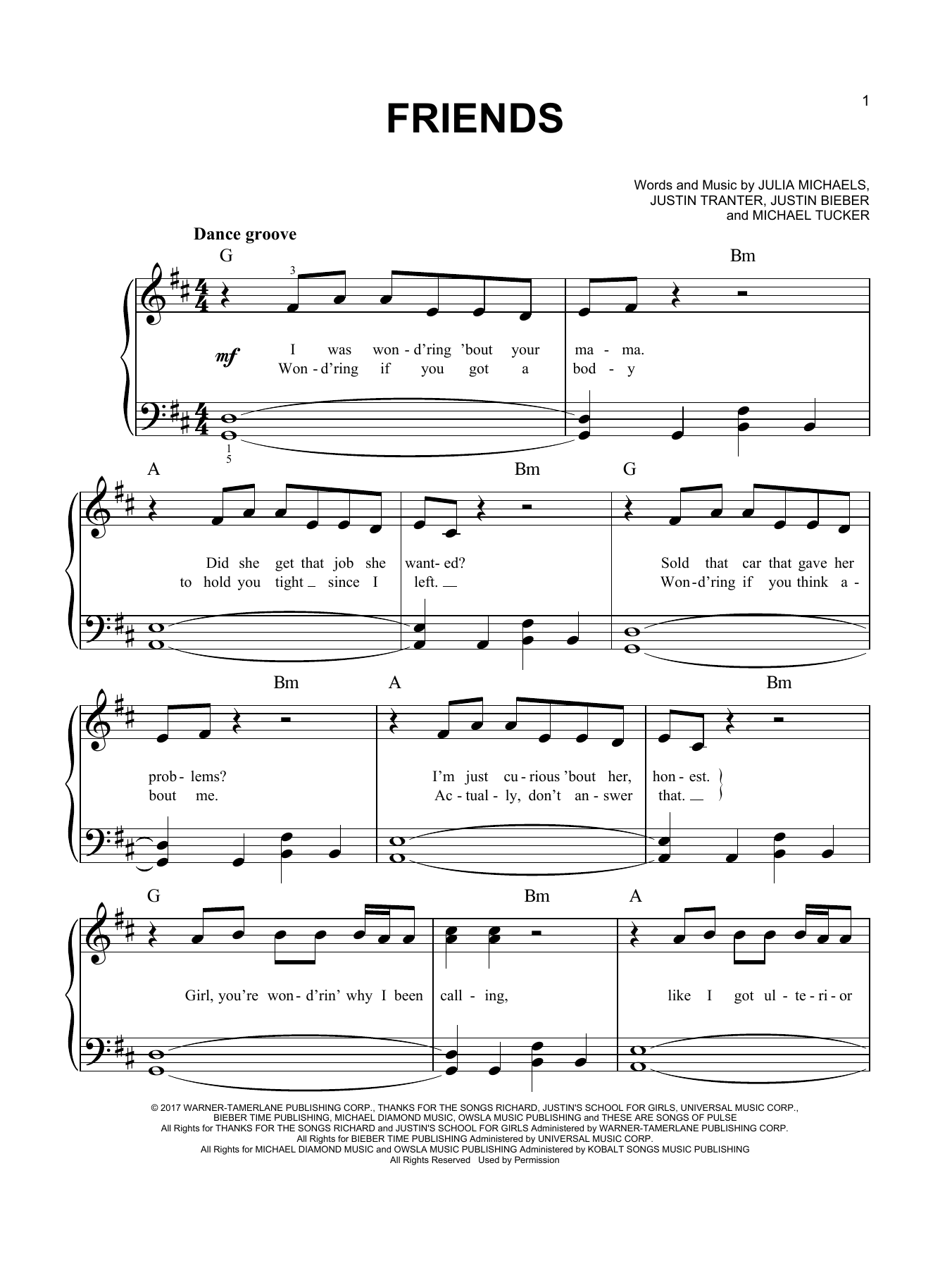 Justin Bieber Friends (feat. BloodPop) Sheet Music Notes & Chords for Easy Piano - Download or Print PDF