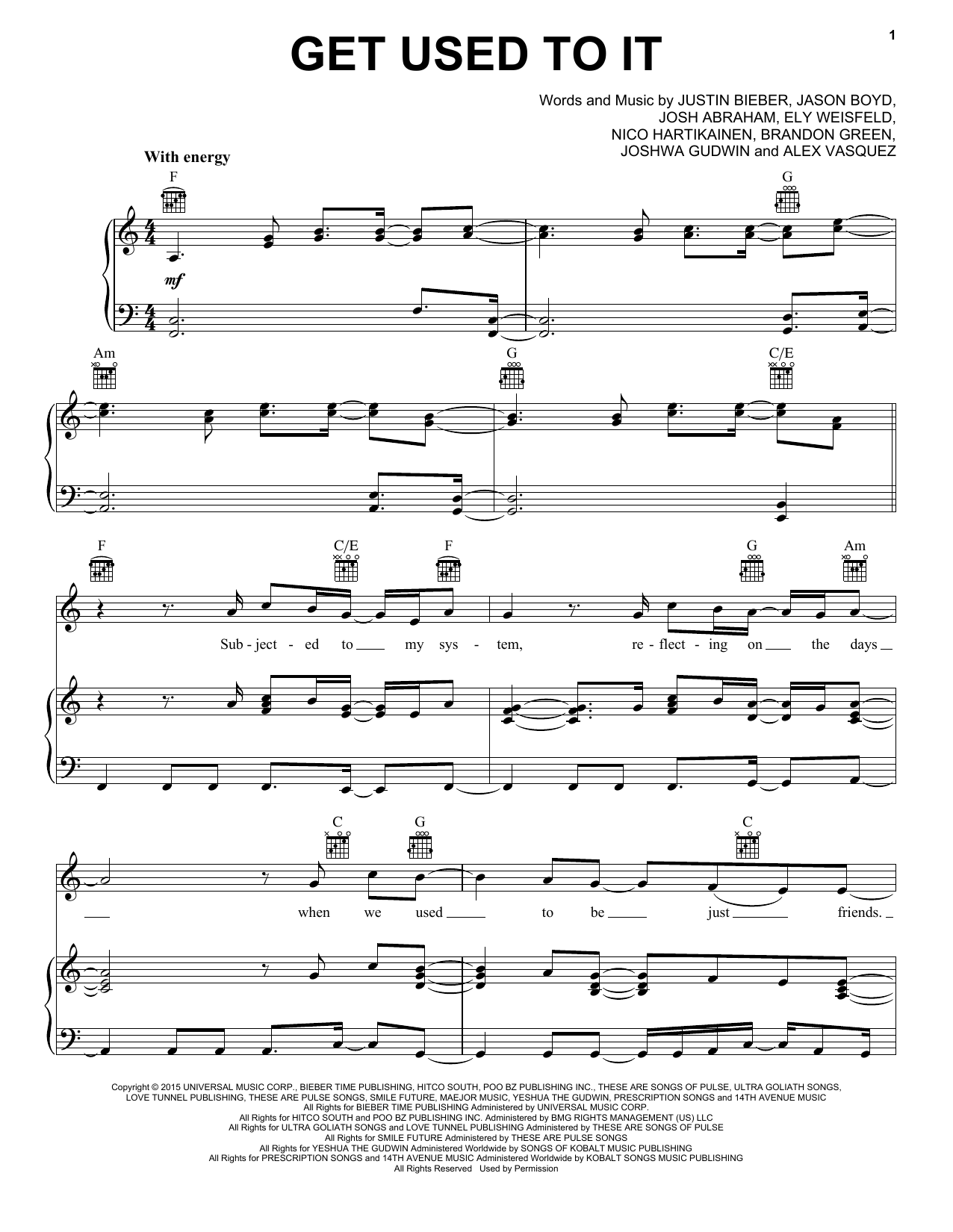 Justin Bieber Get Used To It Sheet Music Notes & Chords for Piano, Vocal & Guitar (Right-Hand Melody) - Download or Print PDF
