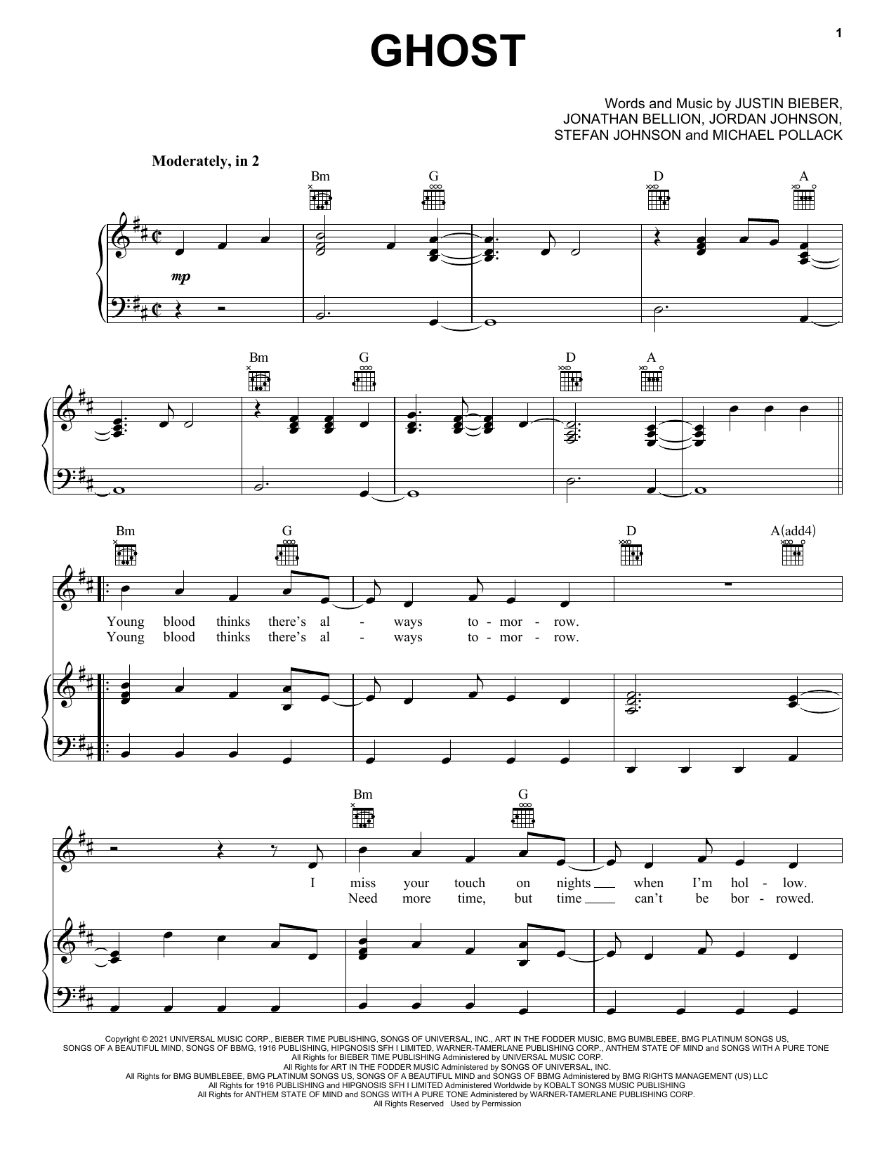 Justin Bieber Ghost Sheet Music Notes & Chords for Piano, Vocal & Guitar (Right-Hand Melody) - Download or Print PDF