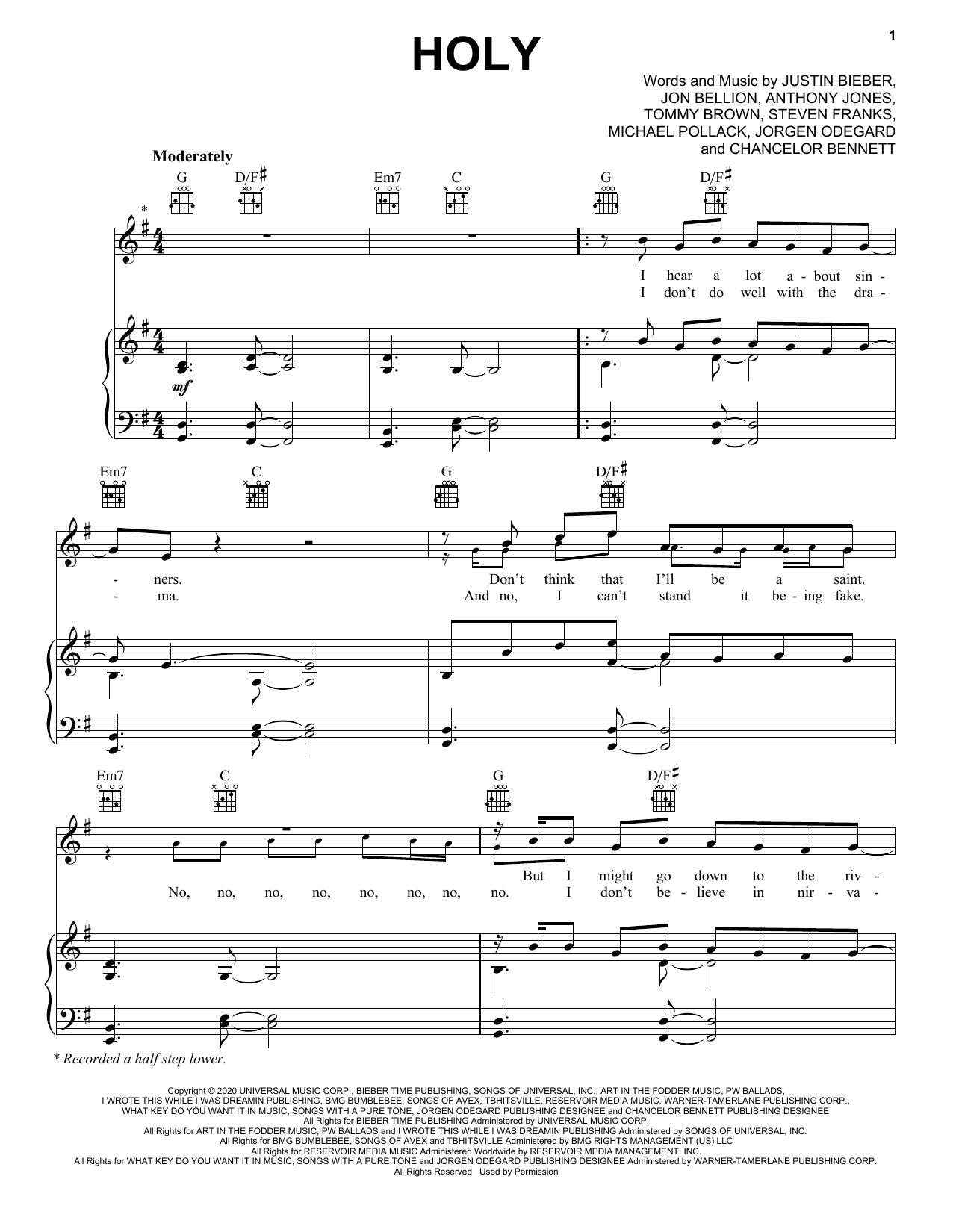 Justin Bieber Holy (feat. Chance the Rapper) Sheet Music Notes & Chords for Piano, Vocal & Guitar (Right-Hand Melody) - Download or Print PDF