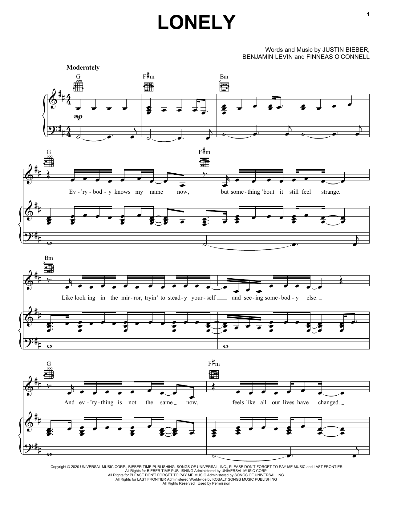 Justin Bieber Lonely (with benny blanco) Sheet Music Notes & Chords for Piano, Vocal & Guitar (Right-Hand Melody) - Download or Print PDF