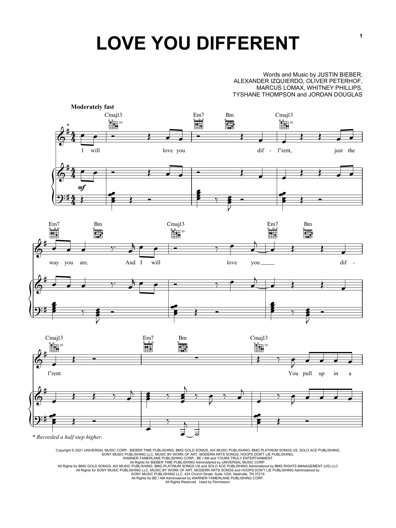 Justin Bieber Love You Different (feat. BEAM) Sheet Music Notes & Chords for Piano, Vocal & Guitar (Right-Hand Melody) - Download or Print PDF