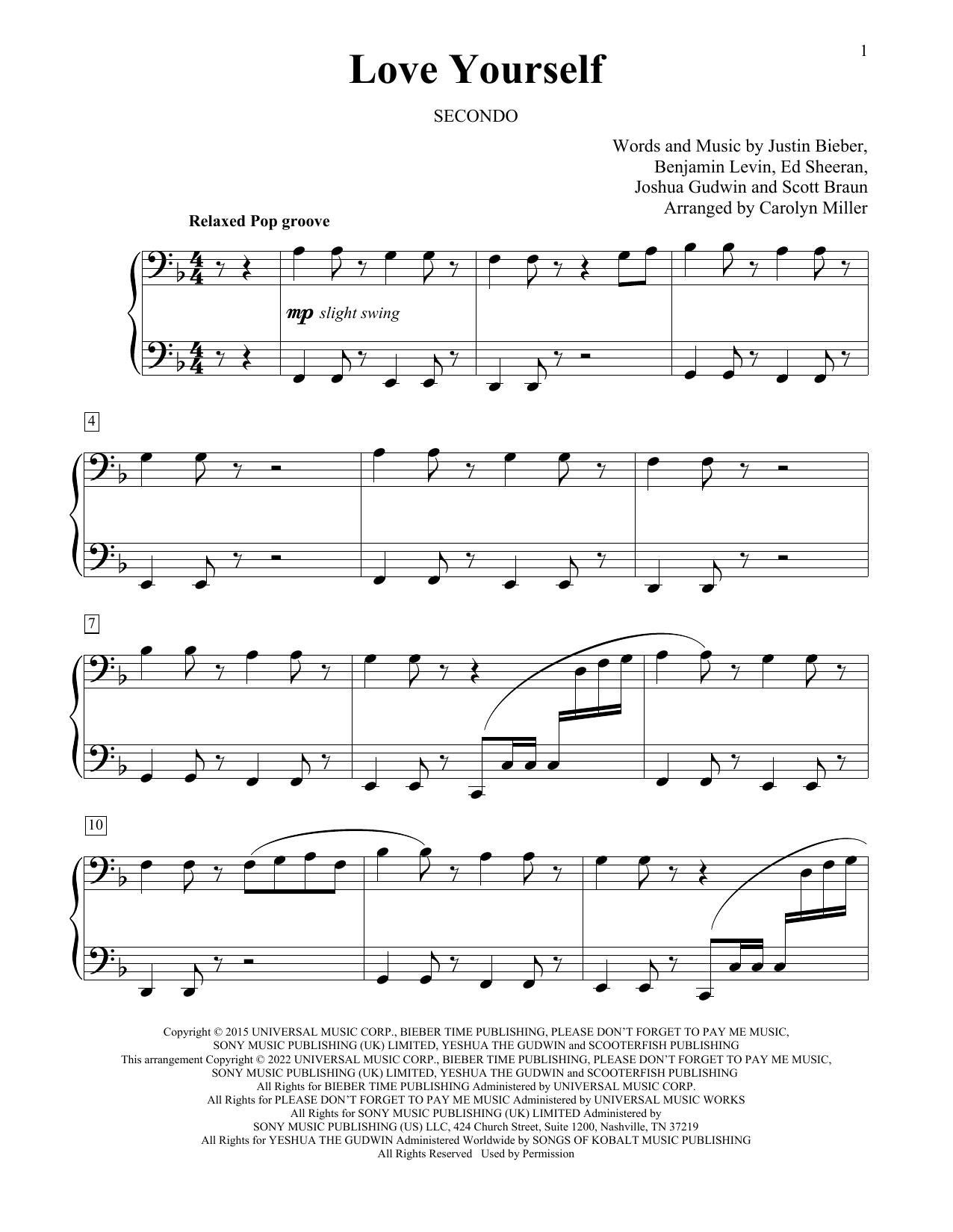 Justin Bieber Love Yourself (arr. Carolyn Miller) Sheet Music Notes & Chords for Piano Duet - Download or Print PDF