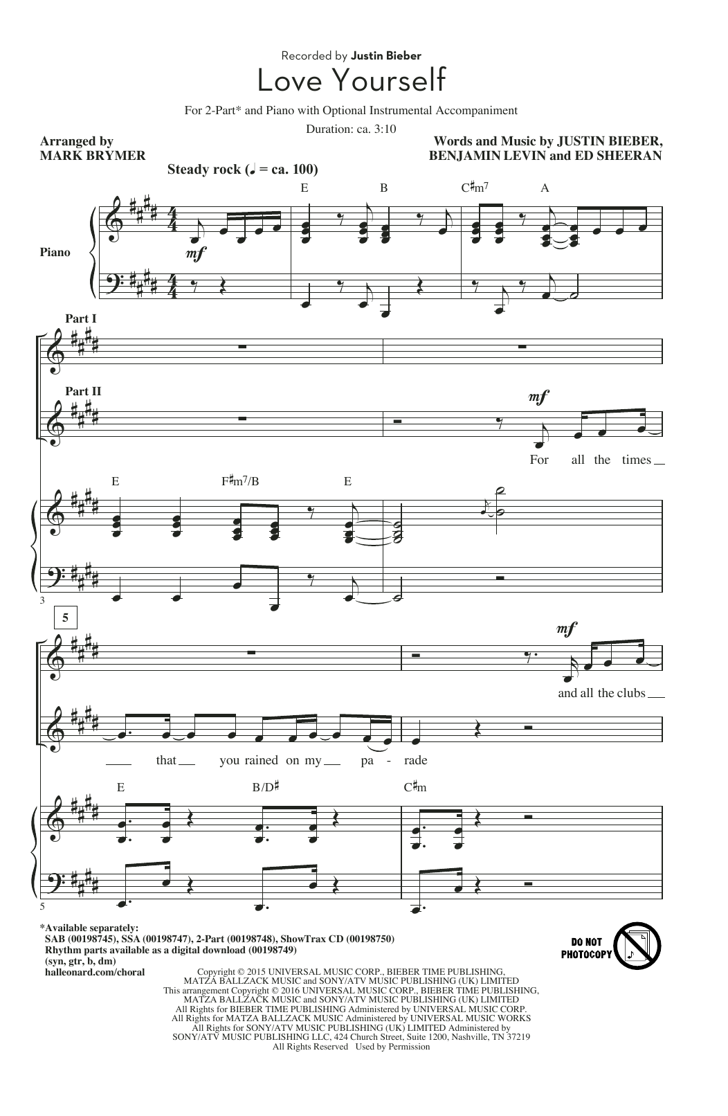 Justin Bieber Love Yourself (arr. Mark Brymer) Sheet Music Notes & Chords for SSA - Download or Print PDF