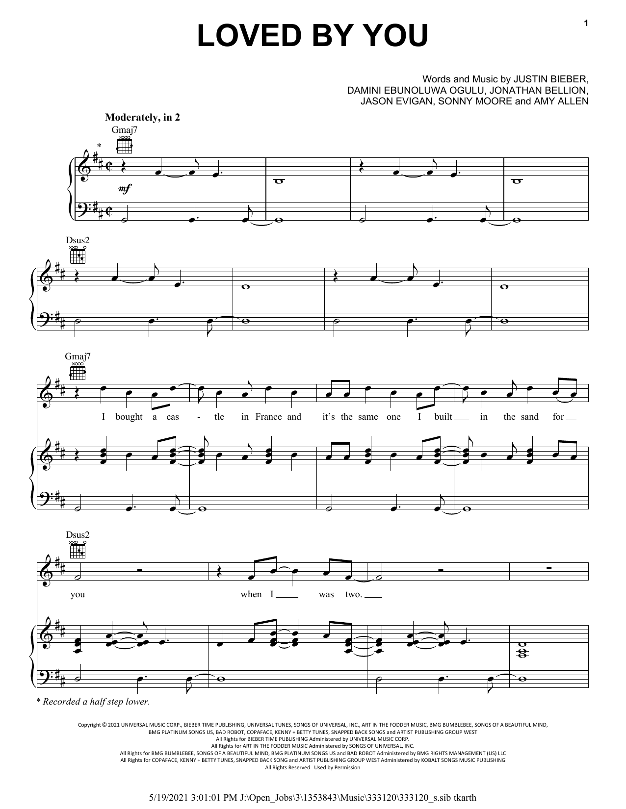 Justin Bieber Loved By You (feat. Burna Boy) Sheet Music Notes & Chords for Piano, Vocal & Guitar (Right-Hand Melody) - Download or Print PDF