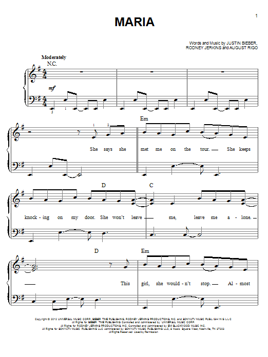Justin Bieber Maria Sheet Music Notes & Chords for Easy Piano - Download or Print PDF