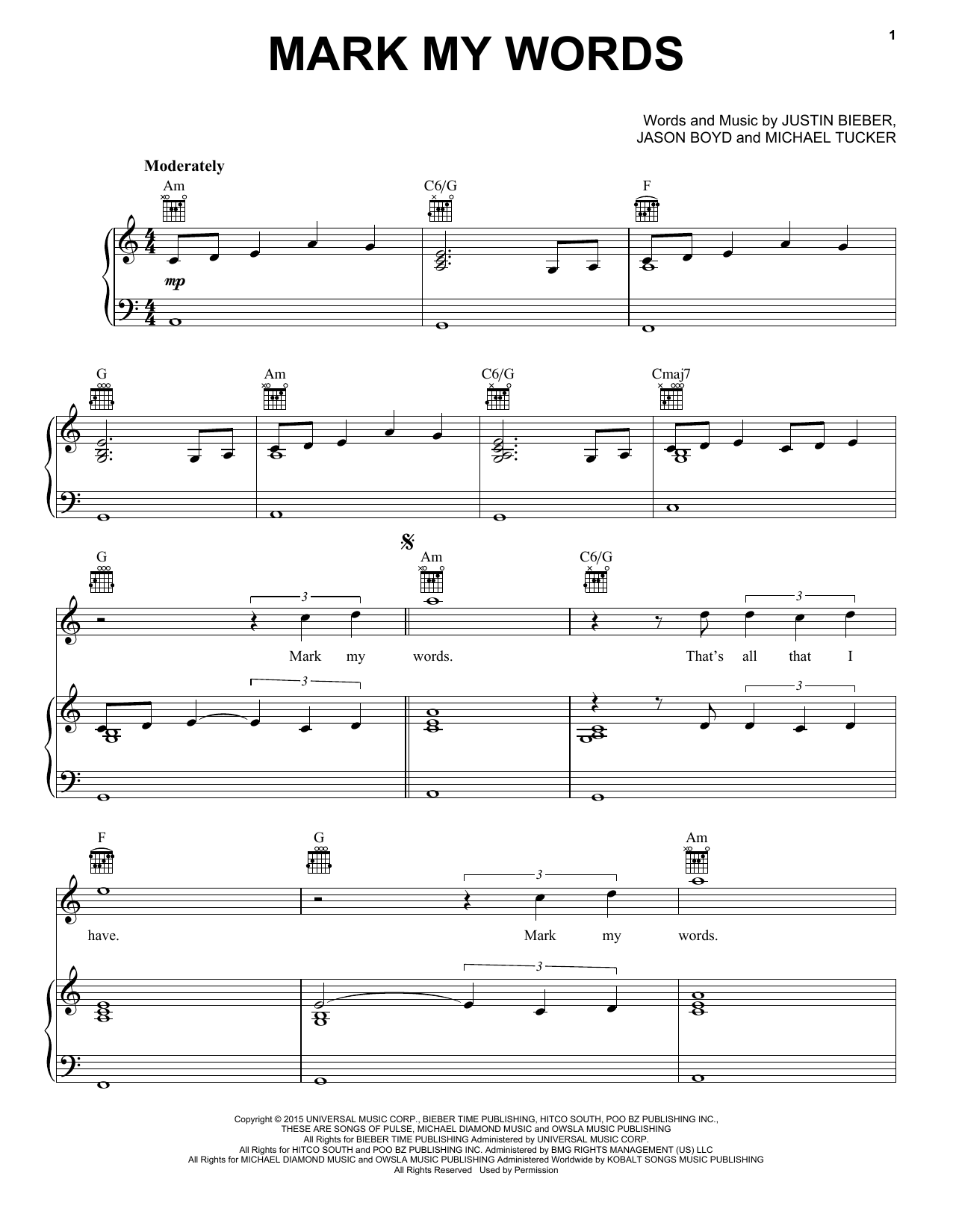 Justin Bieber Mark My Words Sheet Music Notes & Chords for Piano, Vocal & Guitar (Right-Hand Melody) - Download or Print PDF