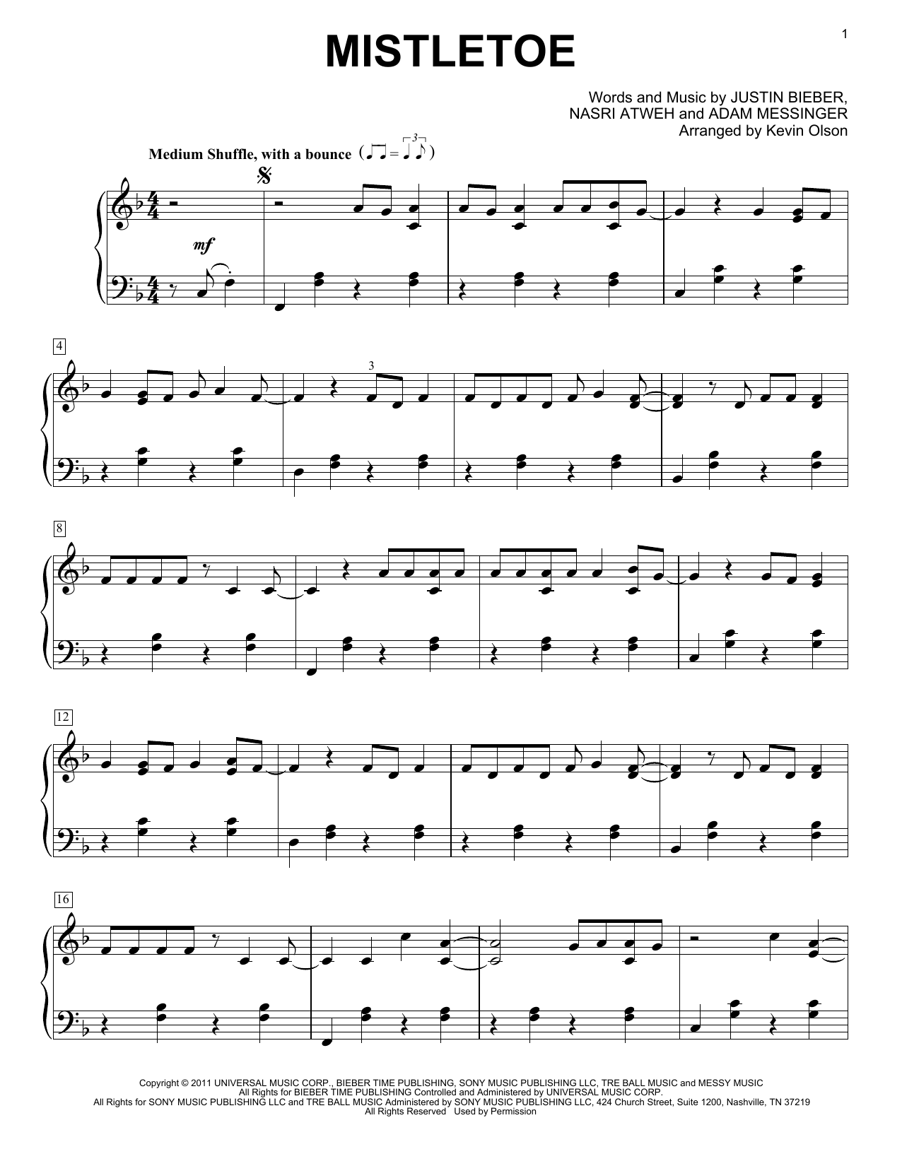 Justin Bieber Mistletoe (arr. Kevin Olson) Sheet Music Notes & Chords for Easy Piano Solo - Download or Print PDF