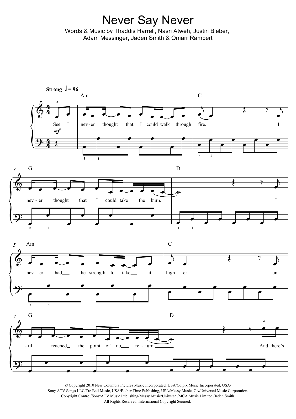 Justin Bieber Never Say Never (featuring Jaden Smith) Sheet Music Notes & Chords for Beginner Piano - Download or Print PDF