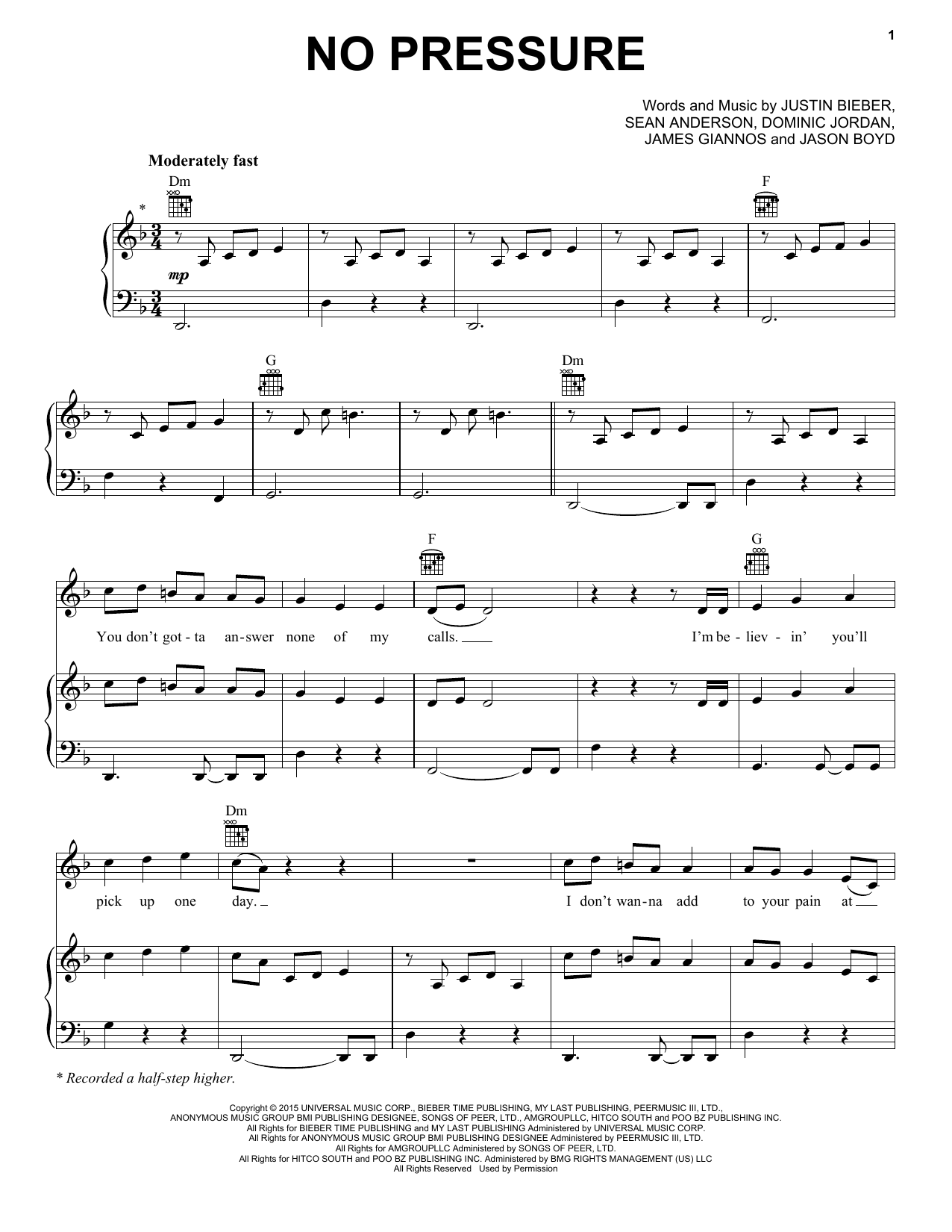 Justin Bieber No Pressure Sheet Music Notes & Chords for Piano, Vocal & Guitar (Right-Hand Melody) - Download or Print PDF