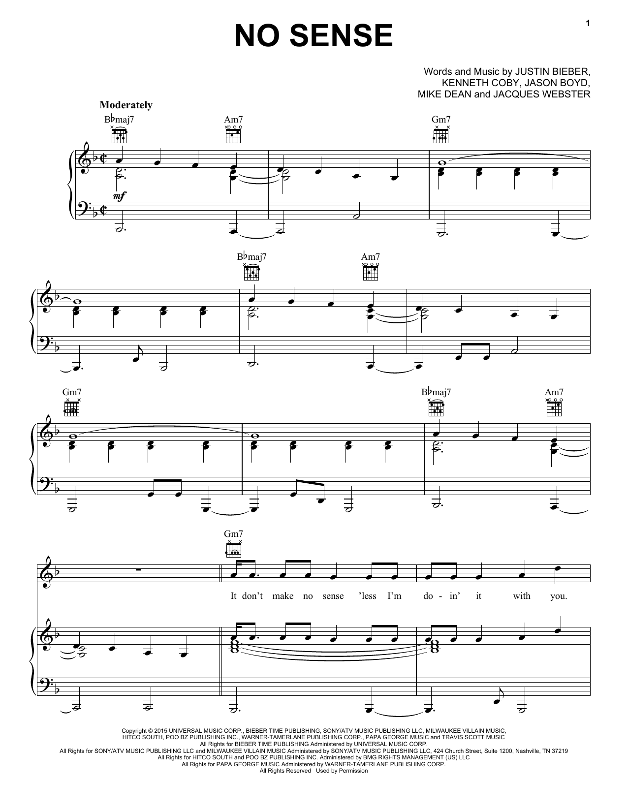 Justin Bieber No Sense Sheet Music Notes & Chords for Piano, Vocal & Guitar (Right-Hand Melody) - Download or Print PDF