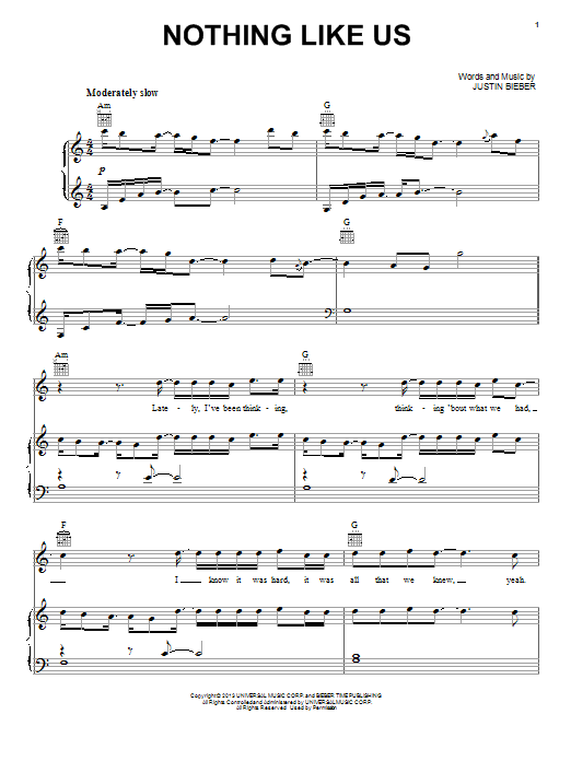 Justin Bieber Nothing Like Us Sheet Music Notes & Chords for Piano, Vocal & Guitar (Right-Hand Melody) - Download or Print PDF