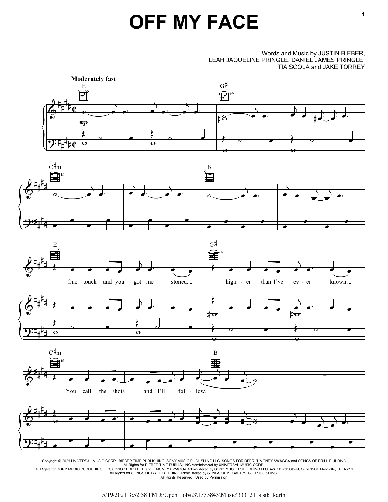 Justin Bieber Off My Face Sheet Music Notes & Chords for Piano, Vocal & Guitar (Right-Hand Melody) - Download or Print PDF