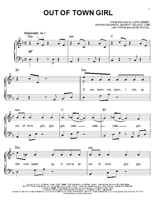 Justin Bieber Out Of Town Girl Sheet Music Notes & Chords for Easy Piano - Download or Print PDF