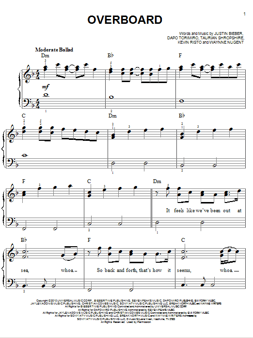 Justin Bieber Overboard Sheet Music Notes & Chords for Piano, Vocal & Guitar (Right-Hand Melody) - Download or Print PDF