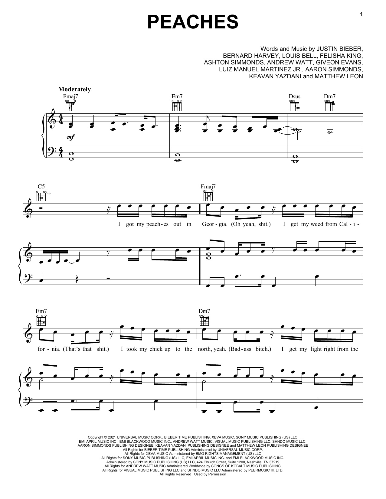 Justin Bieber Peaches (feat. Daniel Caesar & Giveon) Sheet Music Notes & Chords for Piano, Vocal & Guitar (Right-Hand Melody) - Download or Print PDF