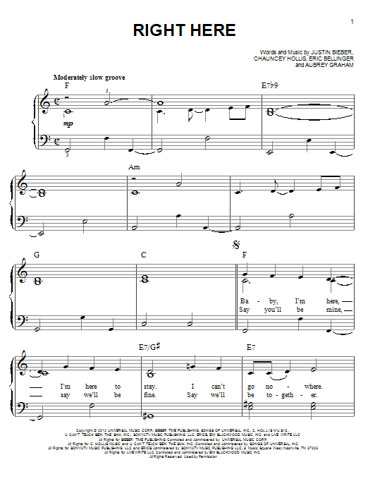 Justin Bieber Right Here Sheet Music Notes & Chords for Piano, Vocal & Guitar (Right-Hand Melody) - Download or Print PDF