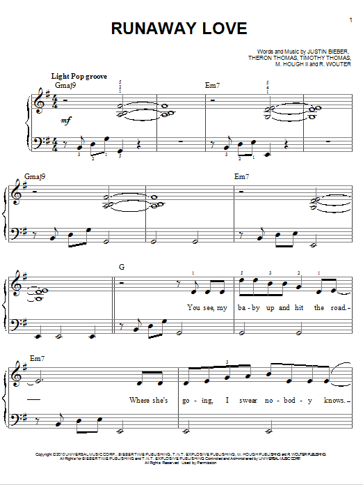 Justin Bieber Runaway Love Sheet Music Notes & Chords for Piano, Vocal & Guitar (Right-Hand Melody) - Download or Print PDF