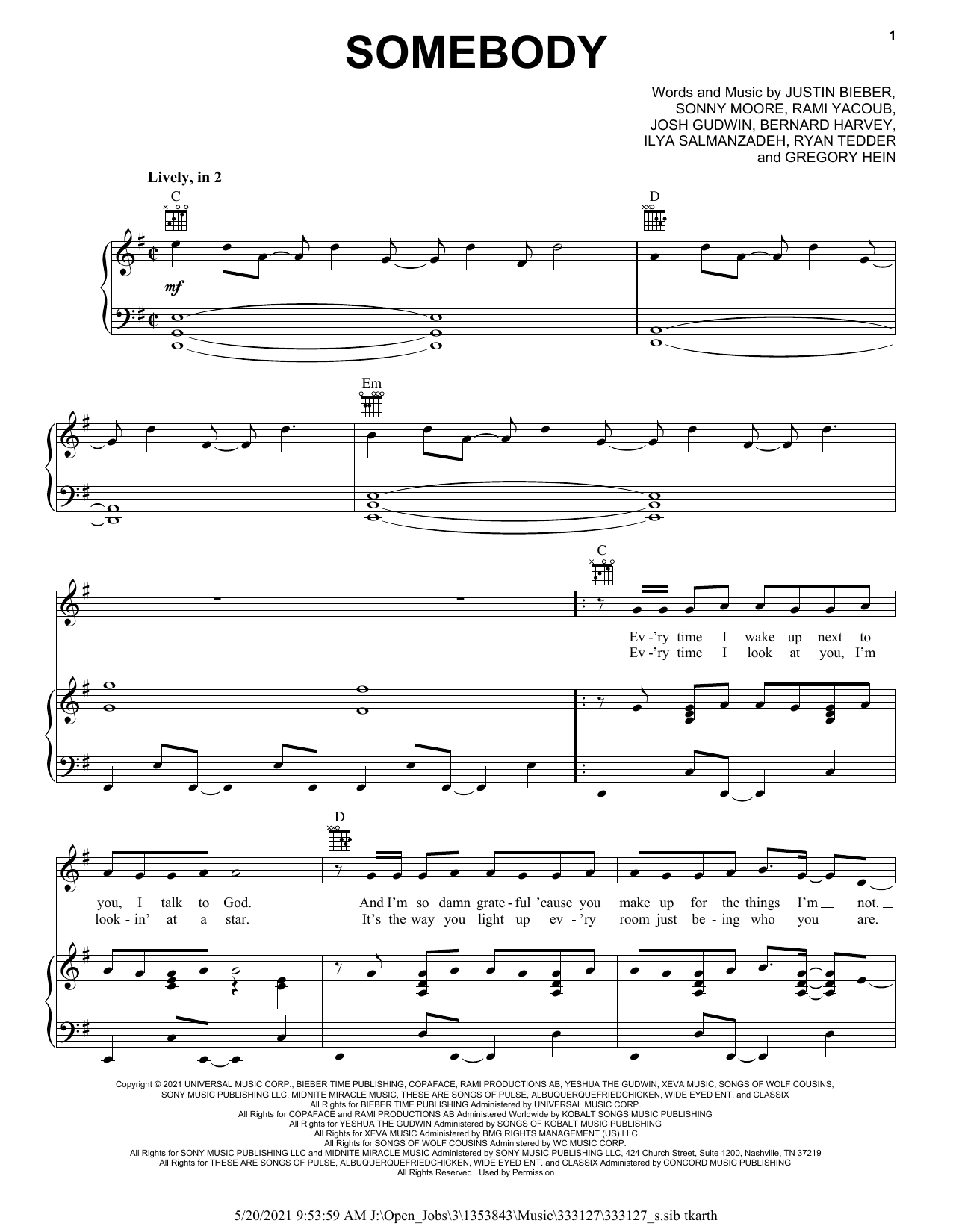 Justin Bieber Somebody Sheet Music Notes & Chords for Piano, Vocal & Guitar (Right-Hand Melody) - Download or Print PDF