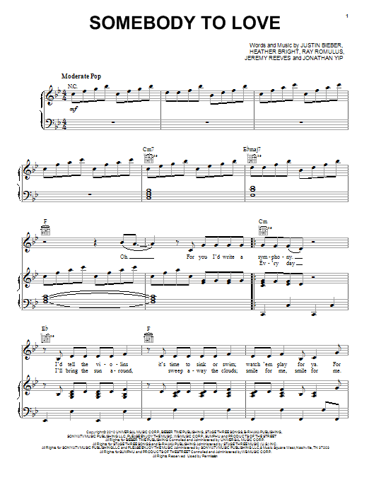 Justin Bieber Somebody To Love Sheet Music Notes & Chords for Voice - Download or Print PDF