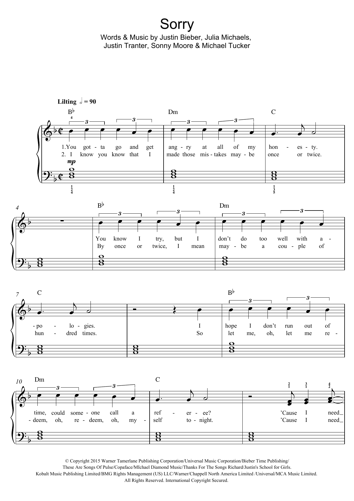 Justin Bieber Sorry Sheet Music Notes & Chords for Easy Piano - Download or Print PDF