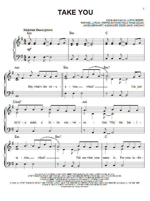 Justin Bieber Take You Sheet Music Notes & Chords for Piano, Vocal & Guitar (Right-Hand Melody) - Download or Print PDF