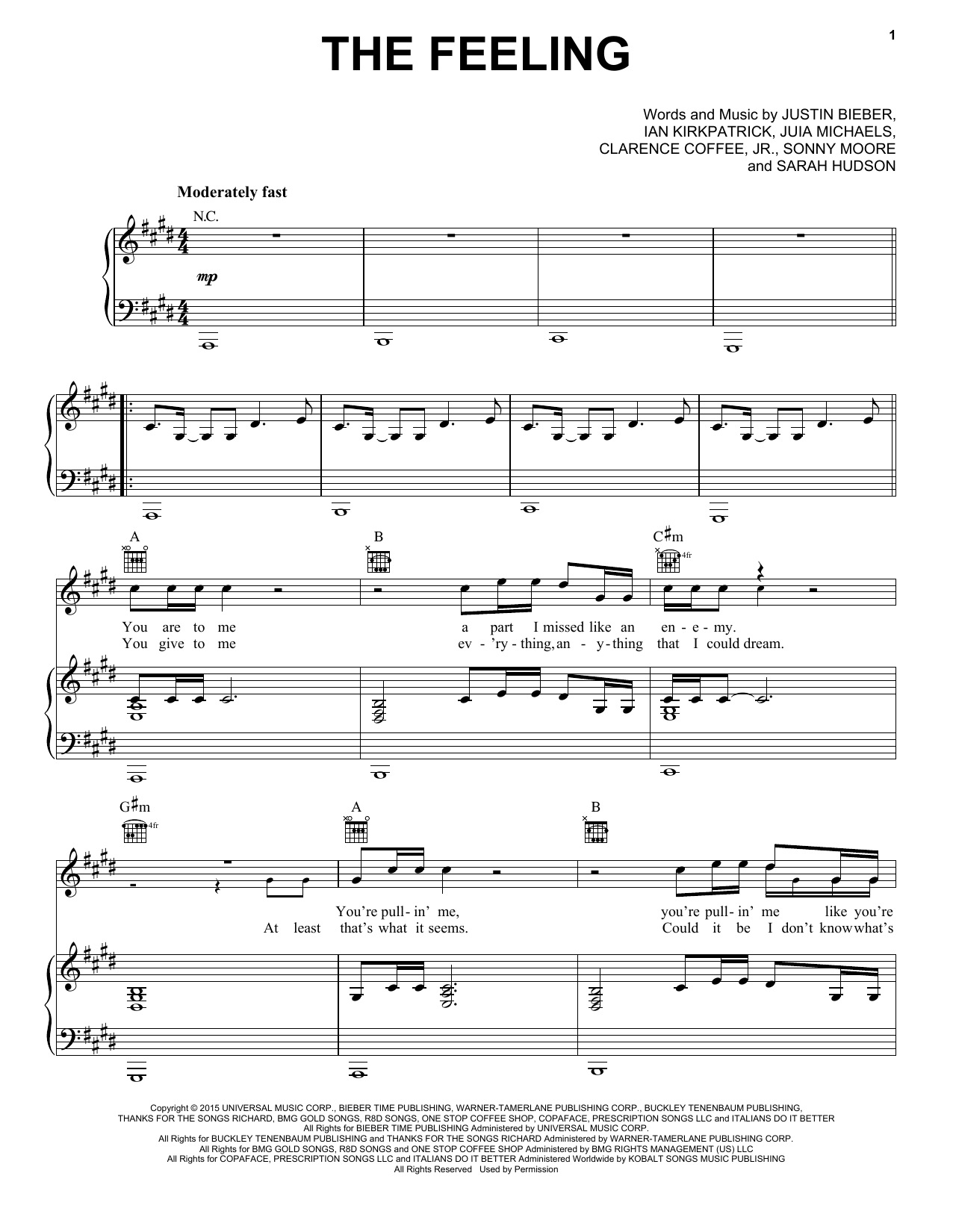 Justin Bieber The Feeling Sheet Music Notes & Chords for Piano, Vocal & Guitar (Right-Hand Melody) - Download or Print PDF