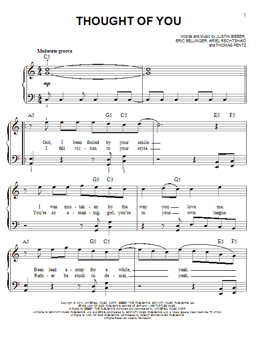 Justin Bieber Thought Of You Sheet Music Notes & Chords for Piano, Vocal & Guitar (Right-Hand Melody) - Download or Print PDF