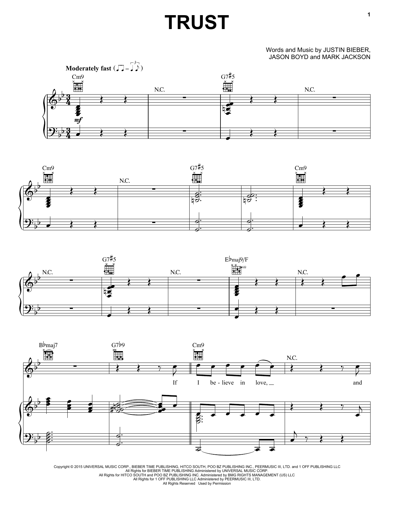 Justin Bieber Trust Sheet Music Notes & Chords for Piano, Vocal & Guitar (Right-Hand Melody) - Download or Print PDF